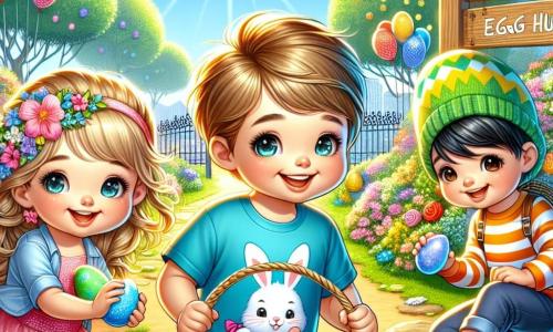 In a sunny park, three children are gathered for an Easter egg hunt. Max, a six-year-old boy with brown hair and sparkling eyes, wears a blue t-shirt with a cute bunny on it. He is in the center, smiling and holding a basket filled with colorful eggs. To his left, Lily, a six-year-old girl with braided blonde hair and a pretty pink dress, is kneeling to pick up a heart-shaped egg. On the right, Jake, a six-year-old boy with black hair and a green egg-shaped hat, is jumping for joy while holding a shiny blue egg. The park is filled with colorful flowers swaying in the breeze, bright green trees, and balloons floating in the blue sky. In the distance, a large wooden sign decorated with Easter motifs announces "Easter Egg Hunt!" The children are actively searching for hidden eggs among the bushes and flowers, their faces lit up with excitement and joy on this magical day.