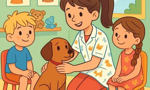 Een jonge dierenarts, Lotte, glimlachend en vol medeleven, knielt op de vloer van een consultatieruimte. Ze heeft lang bruin haar in een paardenstaart en draagt een witte schort met kleine dierenmotieven. Haar ogen stralen empathie uit terwijl ze een kleine hond, Max, onderzoekt, die er bezorgd maar vertederd uitziet. Naast haar kijken twee kinderen, Sam en Emma, ongeveer 8 jaar oud, nieuwsgierig toe. Sam, een jongen met rommelig blond haar, draagt een blauwe t-shirt en shorts. Emma, een meisje met gevlochten kastanjebruin haar, is gekleed in een roze bloemenjurk. Ze zitten op kleurrijke plastic stoelen, gefascineerd door de scène. De consultatieruimte is licht en uitnodigend, met pastelgroene muren. Posters van glimlachende dieren versieren de muren en knuffels liggen verspreid op een plank. Een groot raam laat zonlicht binnen dat de ruimte verlicht. In deze situatie geruststelt Lotte Max door zachtjes tegen hem te praten, terwijl Sam en Emma aandachtig kijken, verwonderd door de zorg en liefde die Lotte aan de dieren geeft.