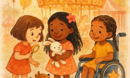 Hay tres niñas: María (5 años), pelo castaño corto, sostiene una lupa amarilla, a la izquierda, mirando con curiosidad; Lila (5 años), pelo largo con una flor rosa, vestido de lunares, en el centro abrazando a Pelusín, un pequeño conejo blanco de peluche, sonriente; Nora (5 años), trenzas, en silla de ruedas azul con una estrella, a la derecha, empujándola ligeramente y mirando a sus amigas. Lugar: feria al atardecer, colores cálidos; carrusel al fondo con caballos crema y rojo, guirnaldas de luces, globos y puestos de golosinas a rayas; suelo empedrado con algo de barro y hojas. Situación: las tres pequeñas investigadoras acaban de reencontrar a Pelusín; un perrito marrón juega a sus pies moviendo la cola; ambiente de alegría y alivio, gestos cariñosos, luz suave y detalles tipo acuarela con lavados de color y salpicaduras controladas en el carrusel y los globos.