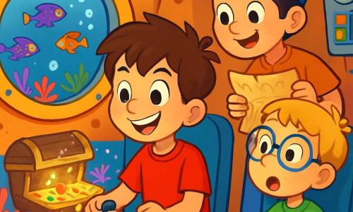 Hay 3 personajes: Tomás, un niño de 8 años con cabello castaño desordenado y ojos llenos de curiosidad, lleva una camiseta roja y un pantalón corto azul, se encuentra al frente del pequeño submarino, con las manos en los controles y una gran sonrisa. Lucas, un niño de 7 años con cabello rubio y gafas redondas, lleva una camiseta verde y un pantalón corto amarillo, está sentado al lado de Tomás, mirando por la ventana con asombro. Miguel, un niño de 9 años con cabello negro y una gorra azul, lleva una camiseta naranja y pantalones beiges, está de pie detrás de Tomás, sosteniendo un viejo pergamino, listo para descubrir los secretos del tesoro. La escena tiene lugar dentro de un pequeño submarino con paredes de metal oxidado, paneles de control coloridos y ventanillas redondas que dejan pasar la luz azul del océano. A través de las ventanas, se pueden ver peces de colores y corales vibrantes. Los tres amigos descubren un cofre del tesoro brillante en el fondo del océano, lleno de monedas de oro y joyas. Sus rostros están iluminados por la luz del tesoro, mientras burbujas de aire flotan a su alrededor.