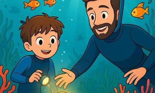 Een 10-jarig jongetje, Jules, met rommelig kastanjebruin haar en sprankelende nieuwsgierige ogen, verkent een koraalrif. Hij draagt een blauwe duikpak en houdt een klein lampionnetje vast dat zijn gezicht verlicht met een zachte, verwonderde gloed. Naast hem zwemt Bram, een man van ongeveer 30 jaar met een bruine baard en een warme glimlach, moeiteloos en toont hij Jules de onderwaterwonderen. Ze worden omringd door kleurrijke vissen en levendige koralen, wat een levendig en magisch tafereel creëert. De oceaanbodem wordt verlicht door stralen licht die door het oppervlak filteren, terwijl algen zachtjes dansen op de golven. De hoofdscène toont Jules en Bram die een mysterieuze lichtbron ontdekken die uit een glanzende steen komt, gefascineerd door de schoonheid en het mysterie van de oceaan.