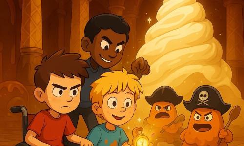 Vier kinderen: Tim, jongen ~10, licht van huid, kort bruin haar, zit in klein rood rolstoeltje vooraan links, vastberaden blik, hand op leuning; Joris, jongen ~10, blond warrig haar, blauw t‑shirt met confituurvlekken, in het midden, houdt een kleine gouden horloge dat fonkelt en vonken geeft; Bas, jongen ~11, rood haar, ronde glimlachende wang, rechts, met een grote hap chocolade en een koekstuk; Sam, jongen ~10, kort zwart haar, staat net achter Joris en draait plagend aan de kroon van het horloge. Locatie: grote hal van een kasteel gemaakt van gesmolten chocolade en koekjes, glanzende chocolademuren, wafelzuiltjes, suikerachtige gordijnen, knapperige suikertegelvloer, snoepguirlandes, warme gouden verlichting. Situatie: de kinderen verdedigen het kasteel tegen Puddingpiraten — kleine oranje flan‑piraten met zwarte bandana's en houten lepels die wankelend naderen; het magische horloge draait en projecteert een reusachtige berg draaiende roomijsstructuren die de piraten aantrekt. Ludieke, absurde scène met overdreven mimiek, felle kleuren, sterke contrasten, dynamische compositie en vrolijke drukte.