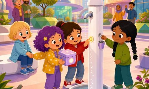 Vier meisjes van 4 jaar installeren samen op een futuristisch stadsplein een tijdelijk zonne-waterpunt: Lila met violette krullen en een gele gestippelde jasje houdt links een glimmend doosje met een lichtknopje en kijkt enthousiast naar de kolom; Noor met bruin steil haar in staart en rood jasje drukt rechts zachtjes op een zonneknop; Sana met zwarte gevlochten haren en groen truitje hangt een bekertje aan een haak vooraan; Fem met kort blond haar en hemelsblauwe mantel lacht zittend op een bankje en houdt Lila’s hand; het plein heeft gladde pastelklinkers, witte ronde banken, groene geometrische plantenbakken en glanzende glazen gebouwen, kleine zonlichtlanternes en onopvallende leidingen in de grond; de witte kolom heeft een lichtknop en een tuit die fijne fonkelende druppels geeft, buren glimlachen op de achtergrond en duiven en een kat drinken uit een bak, zachte warme namiddaglichtsfeer.