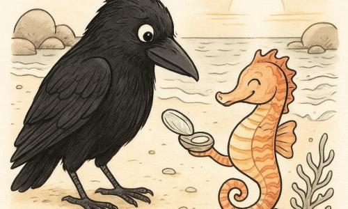 Un corvo nero lucente, piume leggermente scompigliate, guarda emozionato mentre tiene delicatamente uno scrigno in madreperla tra le zampe, corpo chino in postura umile e dolce; un piccolo cavalluccio marino chiamato Errico, con motivi sinuosi e striature color corallo e sabbia, sorride riconoscente e galleggia vicino alla riva con la coda avvolta a un sasso, porgendo lo scrigno; la spiaggia è una baia intima di sabbia fine con conchiglie e coralli stilizzati, onde dolci, qualche bolla e alghe disegnate, sullo sfondo scogli rotondi e una luce di alba rosata; scena di scambio tenero e magico, fiducia e riconoscenza, composizione chiara, volti espressivi, linee fluide e dettagli madreperlati sullo scrigno.