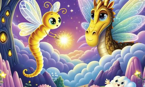 Un piccolo lucciolo luminoso, con ali delicate che scintillano come stelle, vola determinato sopra un paesaggio incantevole, il suo volto esprimendo coraggio e curiosità. Nelle vicinanze, un maestoso drago dalle squame brillanti, dorate e argentate, osserva benevolo, i suoi grandi occhi scintillanti di gratitudine e speranza, mentre si trova su una nuvola di cotone morbido nella Valle delle Nuvole. Il luogo è una valle magica, dove nuvole soffici fluttuano come cuscini e fiori colorati danzano al ritmo del vento, creando un'atmosfera da sogno e di magia. La scena principale mostra il lucciolo, con una luce brillante, pronto ad affrontare un'ombra minacciosa che emerge dal castello delle ombre, pronto a difendere la magia dei sogni e a salvare il suo amico drago.