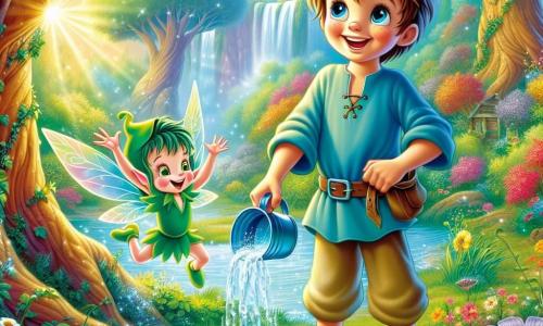 Il Petit Poucet, un ragazzo dai capelli castani disordinati e dagli occhi brillanti di curiosità, si trova al centro della scena con un grande sorriso sul volto. Indossa una tunica blu e pantaloni di tela, e tiene un secchiello pieno d'acqua cristallina, pronto ad annaffiare gli alberi del bosco. Accanto a lui, Filo, il folletto verde, un piccolo essere con ali scintillanti e un cappello di foglie, danza gioiosamente nell'aria, i suoi occhi brillano di eccitazione. Il luogo è un magnifico bosco incantato, con alberi maestosi e fogliame lussureggiante, illuminato da una luce dorata che filtra tra i rami. Fiori vibranti di tutti i colori sbocciano attorno a loro e una cascata scintillante scorre sullo sfondo, creando una melodia rilassante. La scena principale mostra il Petit Poucet mentre versa acqua sulle radici di un grande albero, mentre le foglie iniziano a riacquistare il loro verde brillante, simboleggiando la rinascita e la magia della natura.