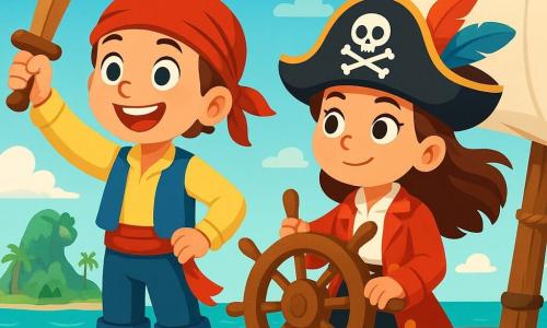 A young boy named Jack, about 8 years old, stands on the deck of the old pirate ship "Seagull." He wears a bright red bandana and large blue boots, with sparkling eyes full of excitement. His face is lit up by a big smile as he proudly brandishes a wooden sword, ready for adventure. Next to him, his best friend, Captain Molly, a 7-year-old girl, is dressed in a pirate hat adorned with colorful feathers. She stands at the ship's wheel with a determined look, her brown hair blowing in the wind. The setting features a sparkling turquoise sea under a clear blue sky with fluffy white clouds. In the background, a dragon-shaped sleeping island looms on the horizon, surrounded by lush palm trees and steep rocks. The main scene shows Jack and Molly eager for adventure, scanning the horizon as they prepare to discover the hidden treasure marked on the old map.