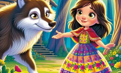 Una niña de 6 años, llamada Lucía, se encuentra valientemente frente a una cabaña de madera, con una gran sonrisa en su rostro. Tiene el cabello largo y castaño, ojos llenos de curiosidad y lleva un vestido colorido con motivos de flores. Sus manos están extendidas hacia un gran lobo de pelaje suave y marrón, que parece sorprendido pero amistoso, con ojos tristes que brillan de gratitud. El lobo, un personaje secundario importante, está justo al lado de Lucía, inclinado ligeramente hacia ella, mostrando que está listo para escuchar y dejarse ayudar. Su postura es relajada, contrastando con su antigua reputación de 