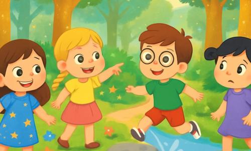 Hay 4 niños: - Luna: Una niña de 8 años con largos cabellos castaños y ojos brillantes. Lleva un vestido azul con estrellas doradas y está a la izquierda, sonriendo y llena de curiosidad. - Estrella: Una niña de 7 años con trenzas rubias y ojos verdes brillantes. Lleva una camiseta amarilla y una falda rosa, y está en el centro, señalando el camino del bosque. - Sol: Un niño de 6 años con cabello castaño y gafas redondas. Lleva un pantalón corto rojo y una camiseta verde, y está a la derecha, listo para saltar sobre una piedra. - Nube: Una niña de 7 años con cabello negro y dos coletas. Lleva un vestido violeta y está un poco atrás, mirando el río con una expresión preocupada. La escena ocurre en un bosque mágico, con árboles gigantes de troncos dorados y hojas brillantes. El suelo está cubierto de flores coloridas que parecen bailar al ritmo del viento, y un arroyo cristalino fluye suavemente, reflejando la luz del sol. Los cuatro niños están cruzando el arroyo, saltando de piedra en piedra, con salpicaduras de agua a su alrededor. Se ven alegres y decididos, listos para vivir una nueva aventura juntos.