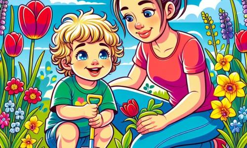 Een jongetje van 2 jaar, met blond, krullend haar en grote, stralende blauwe ogen, zit in een zonnige tuin met een klein plastic schepje in zijn hand. Hij glimlacht breed, verwonderd door de kleurrijke bloemen om hem heen. Naast hem staat zijn moeder, een vrouw van ongeveer 30 jaar, met lang bruin haar in een knot en een kleurrijk t-shirt, die een rode tulp in de grond plant en haar zoon teder aankijkt. De tuin is gevuld met stralende bloemen: rode tulpen, gele narcissen en paarse viooltjes, onder een heldere blauwe lucht met een paar witte wolken. De scène toont de jongen en zijn moeder terwijl ze de bloemen water geven met een klein gietertje, wat een vrolijke en lentachtige sfeer creëert.