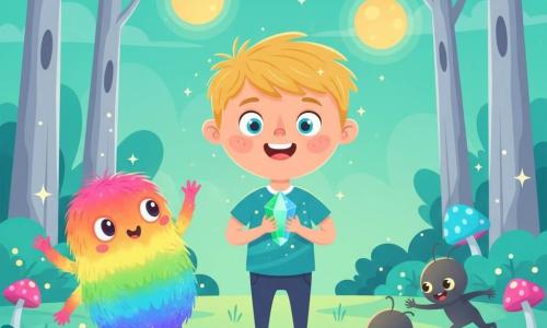 An 8-year-old round-faced boy with tousled blond hair and bright blue eyes stands center, joyfully holding a small glowing emerald-green and bright-blue crystal; to his left Zorblat, a small plump alien with shimmering rainbow fur, three arms and six legs, raises an arm in celebration; to the right and foreground tiny shadowy Sprite silhouettes with mischievous eyes reach toward the crystal in friendship; the scene is a fairy glade with turquoise grass, silver-trunked trees with sparkling leaves, luminous pink and blue mushrooms, and a teal sky with two golden suns — a moment of victory and reconciliation as the boy has recovered the stone and everyone smiles, celebrating under warm, colorful light.