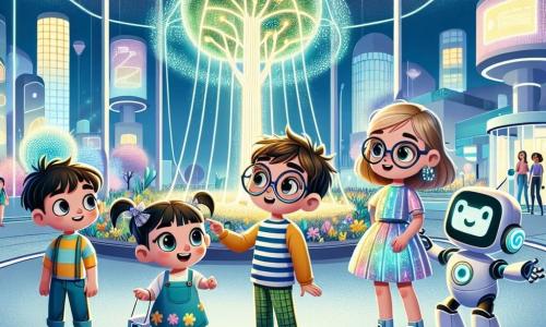 En un parque futurista, Leo, un niño de cinco años con cabello castaño desordenado y grandes ojos curiosos, se encuentra en el centro, mirando maravillado a su alrededor. A su derecha, Clara, una niña de cinco años con grandes gafas redondas y un vestido colorido, sonríe mientras sostiene una tableta holográfica que proyecta imágenes brillantes. A la izquierda, Tomás, un niño de cinco años con cabello rubio y una camiseta a rayas, señala un árbol luminoso que brilla con un resplandor verde. Finalmente, Ana, una niña de cinco años con trenzas y una falda brillante, se acerca a Robo, un gran robot amigable con ojos centelleantes y forma humanoide, que se encuentra detrás de ellos, listo para guiarlos. El parque está lleno de plantas coloridas que crecen en muros de vidrio, árboles que brillan con luz y pantallas flotantes que muestran información. Los niños juegan con robots y vehículos voladores pasan suavemente por encima de ellos. La escena principal muestra a Leo y sus amigos descubriendo el parque tecnológico, fascinados por las maravillas futuristas que los rodean, mientras buscan al robot Robo para obtener ayuda para encontrar el camino a casa.