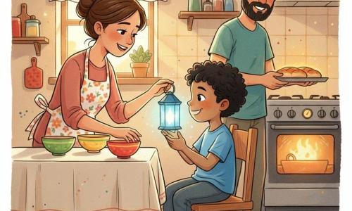 A tender Ramadan prep scene: a curious, smiling 4-year-old boy with short curly black hair sits on a low chair, feet dangling, holding a winking blue paper lantern close to his face as it emits a soft, sparkling light; his mother (about 30–35), hair in a bun and wearing a floral apron, arranges colorful bowls to his left while looking at him gently, and his bearded father (about 35–40) stands by the stove holding a tray of hot bread lit by amber light in a small, warm kitchen with a light-wood table draped in cream fabric, a small window with an embroidered curtain and late-afternoon shadows.