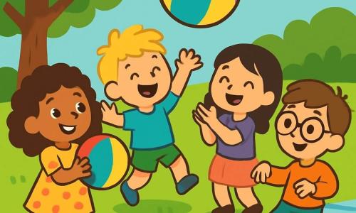 Há 4 crianças: Lia, uma menina de 6 anos com cabelos cacheados e castanhos, vestindo um vestido amarelo com bolinhas vermelhas, segurando um balão colorido e sorridente; Tom, um menino de 5 anos com cabelos loiros bagunçados, usando uma camiseta azul e um short verde, pulando alegremente; Bia, uma menina de 5 anos com cabelos lisos e pretos, vestindo uma saia rosa e uma camiseta roxa, aplaudindo com entusiasmo; Rui, um menino de 6 anos com cabelos castanhos e óculos redondos, usando um suéter laranja, dançando enquanto tenta tocar o balão. As crianças estão em um jardim ensolarado, cheio de flores coloridas e grama verde, com uma grande árvore ao fundo. Elas correm e riem juntas, tentando manter o balão no ar, criando uma atmosfera de felicidade e amizade.