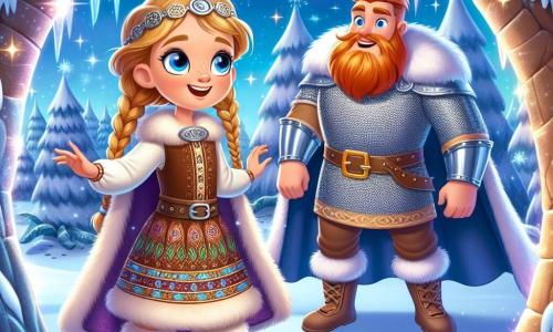 Freya, uma jovem viking de cabelos dourados trançados, está à beira de um portal mágico cintilante. Seu rosto expressa admiração e curiosidade, com olhos brilhantes como estrelas. Ela usa uma túnica de pele marrom, adornada com padrões nórdicos, e botas de couro. Ao seu lado, um gigante amigável, com cerca de 30 anos, barba ruiva e olhos brilhantes, sorri enquanto lhe mostra o caminho pelo reino mágico. Ele está vestido com uma armadura de metal brilhante e uma capa azul flutuante. O local é uma floresta encantada, com árvores gigantescas de troncos prateados e folhas cintilantes, sob um céu estrelado onde dançam auroras boreais. A neve cobre o chão e cristais de gelo brilham como diamantes. Nesta cena, Freya descobre o portal mágico que a transportou para este mundo fantástico, enquanto o gigante a encoraja a explorar as maravilhas de seu reino.