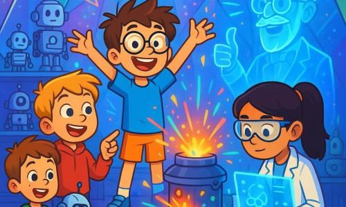There are 4 children: Miles, a 10-year-old boy with messy brown hair and round glasses, wearing a bright blue t-shirt and orange shorts, standing in the center with arms raised and a big smile; Theo, a 10-year-old boy with blonde hair and sparkling eyes, in a red hoodie and black pants, slightly forward on the left, pointing at a futuristic machine with an amazed expression; Ava, a 10-year-old girl with long black hair in a ponytail, wearing protective glasses and a white lab coat, on the right, focused on a holographic screen; and Leo, a 10-year-old boy with brown hair and freckles, in a green t-shirt and denim shorts, in the background holding a small robot with a curious look. The setting is the Quantum Learning Dome, a huge crystal-shaped building with shimmering walls reflecting bright colors. Inside, holograms float around, illuminating the room with soft, colorful light, while futuristic machines hum and robots of all sizes are displayed on shiny shelves. The main scene shows the children activating a futuristic energy machine, with colorful sparks flying and a hologram of the famous inventor, Dr. Sparks, appearing to congratulate them on their creativity. The children are surrounded by an atmosphere of excitement and discovery, ready to change the world with their inventions.