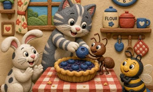 A small cat named Mittens, gray-and-white striped with round bright eyes, stands on its hind legs placing a large blueberry on a golden pie at the table; a small brown ant (Mr. Ant) with a segmented body and fine antennae looks surprised and happy nearby as if offering the berry; a white spotted rabbit (Daisy) with floppy ears sits left of the table clapping, and a round striped bumblebee (Buzzy) with translucent wings rests on a cushion at right with a gentle admiring expression; the warm simple kitchen has a light wood table with a red-and-white checkered cloth and a sunny window with a floral curtain, a wall clock showing 10:10; central scene of reunion and sharing with bright colors, visible play-dough textures, soft rounded shapes, and a joyful, safe atmosphere.