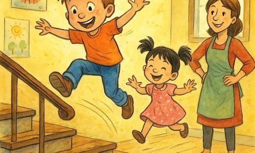 A mischievous 6-year-old boy with a round freckled face and tousled light-brown hair, big bright eyes, jumps on a step avoiding a creaky board with arms outstretched and a playful smile; his 4-year-old sister, joyful in black pigtails and a pink polka-dot dress, imitates him dancing on the step behind; a smiling mother in an apron stands at the bottom of the worn wooden stairs, hands on hips, watching; the colorful interior has pale yellow walls, animal posters and children's drawings, soft window light; the scene shows the children playing down the stairs avoiding squeaky steps, rendered with lively ink strokes and splashes of color.