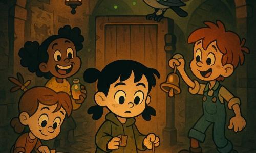 There are four children: Mina, 9, small with black pigtails and an oversized khaki jacket, holding a small matchbox in her right hand and standing center in front of a wooden door without a handle; Jo, 9, a redheaded boy in a blue overall ringing a bell on a ribbon at his left wrist while looking right near a signal post; Tess, 9, light-brown hair tied with a pencil, kneeling left of Mina and drawing a white circle on the ground with chalk from an open notebook; and Suri, 9, curly hair and a bright yellow sweater, standing just behind Mina smiling broadly and holding a small vial of golden oil. A special pigeon with a silver leg perches on the railing above, gray glossy feathers tilted as it drops a folded scrap of paper. The setting is an underpass beneath city rails: a dark brick arch, hanging glass lamps, peeling painted walls with old posters, wet cobblestones reflecting the lamps’ orange light, and the metal train visible above as a rough shadow. The main scene: the four children light four small lamps—Mina holding a lit match to a lamp shaped like a fish and a house—the warm glow fills the air, a threatening shadow fractures and recedes, and stylized red, yellow, and green signal-fire spirits shine above, creating a gentle, magical sense of victory.