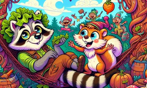 Reggie, a raccoon with sparkling eyes and soft fur, is lying in a hammock made of old fishing nets, with a look of contentment on his face and a lettuce hat on his head. Next to him, Bartholomew, a scruffy squirrel with a bushy tail, jumps excitedly, his eyes shining with excitement, holding a small rolled-up map in his paws. The setting is an enchanted forest, with twisted tree trunks, colorful mushroom-shaped mustaches, and a blue sky dotted with fluffy clouds. The main scene shows Reggie and Bartholomew preparing for an adventure, surrounded by cheerful goblins juggling vegetables and painting pumpkins, creating a festive and amusingly chaotic atmosphere.