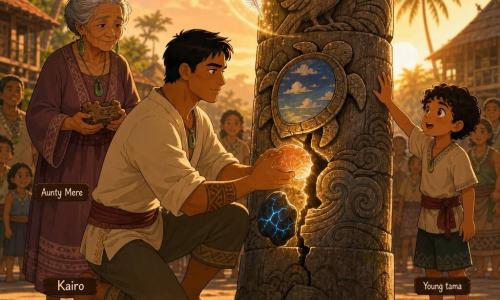 An adult man (Kairo), calm determined expression, tanned face and short black hair, kneels before a large carved wood-and-stone totem, gently holding a nacreous shell glowing orange in his right hand; an elderly woman (Aunty Mere), ~70, wrinkled skin and gray hair in a bun, stands slightly behind left of the totem holding a small carved wooden piece in her palms; a boy (~8) with curly hair and wide curious eyes stands to the right with a raised hand, watching in wonder. The central totem is tall, carved with motifs—a turtle with a sky on its shell, a bird holding a moon, and a missing wave revealing a visible crack—aged wood texture with a missing piece near the wave. On the ground before the totem three luminous objects rest on a braided cloth: a pink-apricot iridescent shell, a dark stone with slow blue veins, and a long pale feather with silver markings. The setting is a small tropical village square at sunrise with palms and stilt houses, soft golden light, long shadows and a few blurred villagers forming a semicircle. The scene depicts a peaceful magical repair: Kairo presses the shell and stone into the crack while the feather floats slightly above the totem, small glowing particles in the warm, songlike atmosphere, warm colors and gentle contrasts.