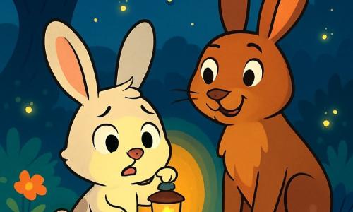 Un pequeño conejo blanco llamado Timo, con grandes orejas y una mancha gris en la espalda, se encuentra en el centro de la imagen, con los ojos muy abiertos y el corazón latiendo, sosteniendo una pequeña linterna que ilumina su rostro preocupado. A su lado, la dulce y sabia Señora Liebre, una gran liebre de pelaje marrón y ojos reconfortantes, sonríe con benevolencia, ligeramente apartada, lista para tranquilizar a Timo. Al fondo, un prado nocturno lleno de flores en colores pastel, luciérnagas brillantes que bailan a su alrededor, y un gran roble que se alza, cuyas ramas forman sombras misteriosas. La escena muestra a Timo, dudoso pero curioso, listo para explorar la noche con valentía, mientras la luz de la linterna crea un halo cálido a su alrededor, disipando poco a poco la oscuridad.