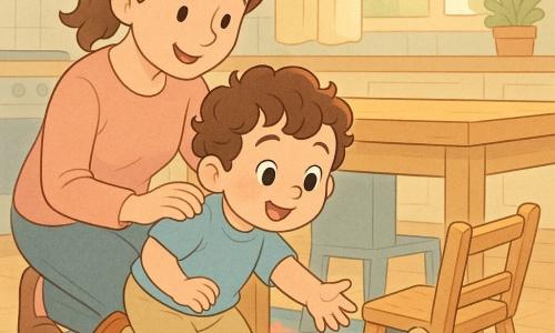 Băiat de 2 ani, față rotundă, obraji roz, păr castaniu buclat, în genunchi întinzând mâna spre un ursuleț de pluș; mama, ~30 ani, coadă de cal, zâmbet blând, mâna pe umărul băiatului; ursuleț bej, cu ochi negri, puțin ascuns sub masă; bucătărie luminoasă cu masă din lemn deschis, covor colorat cu stele, scaun răsturnat și lumină caldă de dimineață; scenă principală: descoperire veselă, atmosferă caldă și sigură, culori pastel și texturi moi.