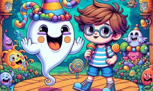Un pequeño fantasma llamado Don Chiste flota alegremente en el aire, con una gran sonrisa en su rostro translúcido y ojos chispeantes de travesura. Tiene una forma redondeada, con bordes ondulados, y lleva un pequeño sombrero de payaso colorido que añade a su aspecto cómico. A su lado, Tito, un niño de 8 años con cabello castaño alborotado y gafas redondas, ríe a carcajadas. Lleva una camiseta a rayas y un pantalón corto azul, sosteniendo un micrófono de plástico, listo para contar un chiste. Ambos están en un escenario de madera decorado con guirnaldas de flores coloridas, rodeados de criaturas del reino de Risaslandia. El lugar es un hermoso bosque encantado, donde los árboles están cubiertos de hojas multicolores y las flores estallan de risa. Nubes en forma de caramelos flotan en el cielo azul, y ríos de limonada serpentean por el paisaje. La escena principal muestra a Don Chiste y Tito preparando su número de chistes para el gran concurso de risas, rodeados de un público entusiasta compuesto de criaturas divertidas, listas para reír a carcajadas con cada chiste.