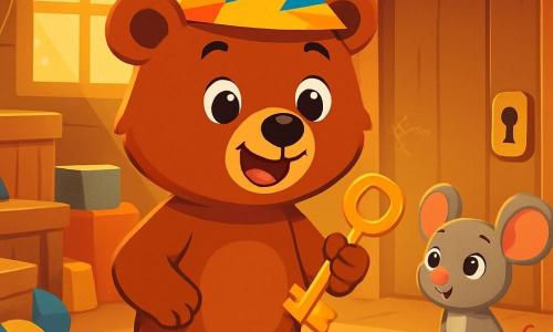 Tico, um pequeno urso marrom com olhos brilhantes e um grande sorriso, está no centro da imagem, em pé sobre suas patas traseiras, com uma expressão de curiosidade e excitação no rosto. Ele usa um pequeno chapéu de papel colorido e segura uma chave de metal brilhante com as patas dianteiras. Ao seu lado, uma pequena camundongo cinza chamada Mimi observa com olhos redondos e maravilhados, sentada em uma caixa de madeira empoeirada. Ao fundo, o velho sótão está cheio de caixas de madeira, brinquedos coloridos espalhados e teias de aranha brilhantes sob a luz dourada que entra por uma janela suja. Tico e Mimi estão diante de uma porta misteriosa, prontos para serem abertos, cheios de antecipação pela aventura que os espera.