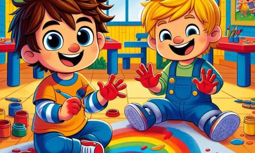 Um menino de 4 anos, Léo, com cabelos castanhos bagunçados e grandes olhos brilhantes de alegria, está sentado em um tapete de jogo colorido, com as mãos cobertas de tinta vermelha e um grande sorriso no rosto. Ao lado dele, seu amigo Pedro, um menino de 4 anos com cabelos loiros e olhos azuis, ri enquanto segura uma paleta de tinta azul, pronto para adicionar seu toque à obra deles. Eles estão em um centro de recreação iluminado, com paredes pintadas de amarelo e decorações de desenhos animados. Mesas estão cheias de potes de tinta de todas as cores, e crianças brincam alegremente ao redor. A cena principal mostra Léo e Pedro criando um grande arco-íris em uma folha de papel, com as mãos cheias de cores vibrantes, expressando sua criatividade e felicidade.