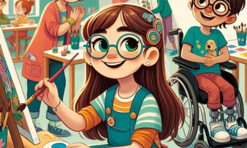 Luce, una ragazza di 12 anni, è al centro dell'immagine, con lunghi capelli castani e occhiali rotondi. Sorride e i suoi occhi brillano di eccitazione, mentre tiene un pennello in una mano e una tavolozza di colori vivaci nell'altra. Sta dipingendo una tela che rappresenta una foresta colorata, circondata da animali felici. Accanto a lei c'è Marco, un ragazzo di 13 anni, seduto sulla sua sedia a rotelle. Ha i capelli corti e un sorriso caloroso. Osserva attentamente Luce, ammirando il suo lavoro mentre tiene una tavolozza di pittura sulle ginocchia. Sullo sfondo, Sara, una ragazza di 11 anni con occhiali e capelli ricci, sta chiacchierando con altri bambini, tutti riuniti attorno alle loro opere d'arte. L'atmosfera è gioiosa e amichevole. Il luogo è un centro comunitario luminoso, con muri dipinti in colori pastello e tavoli carichi di materiali artistici. Opere d'arte sono appese alle pareti, creando un'atmosfera ispiratrice e creativa. La scena principale mostra Luce mentre crea, circondata dai suoi amici, condividendo risate e incoraggiamenti, illustrando lo spirito di inclusione e solidarietà che regna in questo laboratorio artistico.
