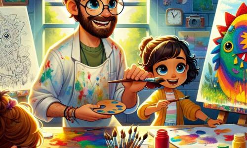 Un uomo di nome Marco, con la barba castana e occhiali rotondi, sorride al centro dell'atelier, circondato da colori vivaci. Indossa un camice bianco macchiato di vernice e tiene un pennello in mano, pronto a dipingere. A sinistra, una bambina di 7 anni, Sofia, con bei capelli ricci e occhi brillanti, è accovacciata davanti a una tela, concentrata sul suo disegno di un drago colorato. A destra, un bambino di 6 anni, Leo, con i capelli biondi arruffati, è in piedi con un grande pennello, dipingendo un'astronave con entusiasmo. L'atelier è un luogo magico, pieno di tele appese alle pareti, barattoli di vernice di tutti i colori e pennelli sparsi su tavoli di legno. La luce del sole filtra dalle finestre, illuminando le creazioni artistiche. La scena mostra Marco e i bambini che creano insieme, ridendo e condividendo idee, mentre schizzi di vernice colorano il pavimento, illustrando la gioia e l'immaginazione che regnano in questo atelier d'arte.