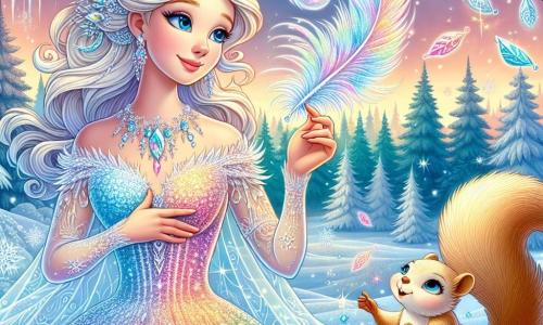 Die Schneekönigin, eine majestätische Frau von ätherischer Schönheit, trägt ein glitzerndes Kleid aus Eiskristallen, die das Licht reflektieren und ein Regenbogen aus Farben schaffen. Ihr Gesicht ist sanft, aber entschlossen, mit tiefblauen Augen, und sie lächelt warm, während sie eine magische Feder in der Hand hält. Neben ihr klettert ein kleiner, lebhafter Eichhörnchen mit funkelnden Augen und goldenem Fell auf einen Ast und beobachtet die Königin neugierig. Im Hintergrund erstreckt sich eine majestätische Winterlandschaft mit schneebedeckten Bäumen, tanzenden Schneeflocken in der Luft und einem klaren Himmel in Pastellfarben. Die Szene zeigt die Schneekönigin, die die Magie der Feder entdeckt, bereit, eine neue Geschichte des Friedens und der Freundschaft zwischen den Königreichen zu schreiben, während das Eichhörnchen sie begeistert ermutigt.