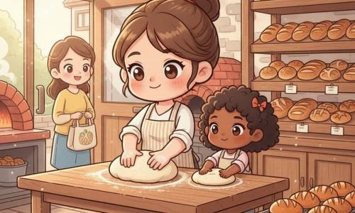 Una panettiera sorridente e benevola, capelli castani raccolti a chignon e grembiule a righe beige, mani infarinati mentre impasta una grande palla di pasta su un tavolo di legno; accanto Amina, circa 8 anni, capelli neri ricci, piccola e meravigliata, in piedi su uno sgabello con mani anch'esse infarinati che impara a impastare; la madre di Amina sullo sfondo vicino alla porta vetrata, sorridente e con una borsa, osserva con tenerezza; interno di una panetteria calda con muri in pietra chiara, scaffali in legno pieni di pani dorati e brioche, forno in mattoni rossi che fuma lieve, luce mattutina dalla vetrina e lievi scintille di farina nell'aria; atmosfera conviviale e accogliente, pani su una griglia e un vassoio di cornetti accanto.