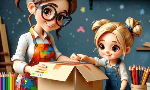 Una mujer inventora, Luna, sonriente y concentrada, pelo castaño en coleta y gafas redondas, con un delantal colorido manchado de pintura, pliega con delicadeza una gran caja de cartón como si montara un juguete; a su derecha, una niña de unos 6 años, Nora, con coletas rubias y ojos maravillados, sentada junto a ella, extiende la mano hacia la caja y la mira con alegría. Al fondo hay un taller pequeño y acogedor con mesa de madera, lápices y un cuaderno de bocetos, estanterías bajas con cajas y juguetes; luz suave de atardecer que crea sombras cálidas y una paleta en tonos pastel (rosa, menta, amarillo claro). La caja se despliega como un acordeón con pliegues visibles, costuras y cintas texturizadas, efecto mecánico simple y amistoso; atmósfera tierna e inventiva, texturas realistas de cartón, tela y madera, acabado 3D tipo juguete y expresiones faciales claras que transmiten calidez emocional.