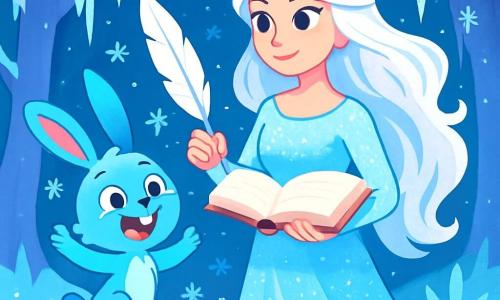La Regina delle Nevi, una donna maestosa dalla bellezza eterea, indossa un abito scintillante di cristallo dai riflessi argentati. I suoi lunghi capelli bianchi fluttuano come fiocchi di neve, e il suo sguardo è dolce e determinato. Tiene una penna magica in mano, pronta a raccontare una storia. Accanto a lei, Lumi, un piccolo lepreau dal pelo blu vivo, ha circa 5 anni. Salta gioiosamente, con le orecchie grandi in piedi, e guarda la Regina con ammirazione. È circondato da piccoli fiocchi di neve che danzano intorno a lui. La scena si svolge in una foresta incantata, dove gli alberi sono ricoperti di ghiaccio scintillante e il suolo è tappezzato di neve luccicante. Cristalli di ghiaccio pendono dai rami, creando un'atmosfera da favola. La Regina delle Nevi si prepara a raccontare una storia magica per placare un grande drago di ghiaccio che minaccia la foresta. Il suo volto esprime una determinazione luminosa, mentre Lumi, pieno di entusiasmo, la incita a liberare il potere delle parole.