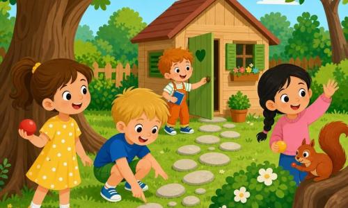 Ci sono cinque personaggi: Anna, 5 anni, capelli castani in codini, vestito giallo a pois bianchi, tiene una piccola palla rossa nella mano sinistra, a sinistra, sorridente e guarda l'albero; Luca, 6 anni, capelli biondi corti, maglietta blu e pantaloncini verdi, accucciato al centro che osserva dei sassolini e indica il sentiero; Sara, 5 anni, capelli neri in treccia, maglione rosa, a destra vicino a un cespuglio, saluta uno scoiattolo; Tommi, 6 anni, capelli rossi, salopette arancione, tiene un piccolo libro blu, è dietro agli altri, sorridente e pronto ad aprire la porta di una casetta; uno scoiattolo marrone con coda folta è su una radice a destra tenendo una palla più piccola. Luogo: giardino soleggiato con prato verde, grande albero dal tronco marrone e radici visibili, cespuglio tondeggiante con fiori bianchi, una piccola casetta di legno con persiane verdi vicino all'albero e un sentiero di sassolini grigi chiari dalla siepe alla casetta. Situazione: i quattro bambini ritrovano i loro giocattoli nella casetta dello scoiattolo; scena gioiosa, colori vivaci, forme semplici, espressioni di sorpresa e felicità, composizione centrata sulla casetta e sul sentiero di sassolini.