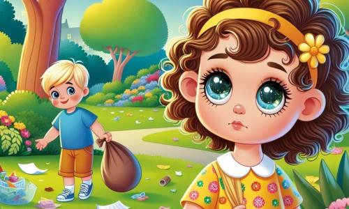 Uma menina de 2 anos, com cabelos cacheados e olhos brilhantes, olha ao redor com uma expressão de tristeza no rosto. Ela usa um vestido amarelo com flores e segura uma pequena bolsa de tecido. Ao lado dela, um menino de 3 anos, com cabelos loiros e olhos azuis, recolhe lixo com um grande sorriso, vestindo uma camiseta azul. Eles estão em um parque verdejante, cheio de árvores majestosas, flores coloridas e gramados bem cuidados, mas coberto de papéis e garrafas plásticas. A menina e seu amigo decidem limpar o parque juntos, mostrando sua determinação em torná-lo bonito e acolhedor para todos.