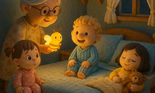 Sunt patru personaje: Ana, 2 ani, păr brun scurt prins în două cozi, pijama roz cu buline albe, șezând în stânga patului și privindu‑i pe ceilalți cu ochi curioși; Tudor, 2 ani, păr blond ondulat, pijama albastră cu dungi, așezat la centru, râzând ușor; Mia, 2 ani, păr negru drept, pijama galbenă cu o stea, ținând un ursuleț de pluș, culcată în dreapta și zâmbind timid; bunica, circa 70 de ani, păr alb prins în coc, ochelari rotunzi, rochie cu flori, stând în stânga lângă pat și ținând o veioză galbenă în formă de licurici; încăperea e o cameră caldă de bunică cu pat mare și cuvertură bej, perete bleu, raft de lemn cu cărți colorate, fereastră cu perdele albe care se mișcă ușor și covoraș rotund portocaliu; atmosfera e semiîntunecată, veioza proiectează un cerc cald de lumină pe perete, copiii sunt adunați pe pat, relaxați și atenți, umbre moi pe perete, texturi modelate ca din plastilină.