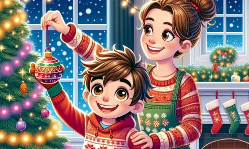 Un ragazzo di 11 anni, Matteo, con capelli castani arruffati e occhi curiosi, sorride gioiosamente mentre decora un grande albero di Natale nel suo soggiorno. Indossa un maglione rosso con fiocchi di neve e guanti colorati, tenendo in mano una palla di Natale scintillante. Sua mamma, una donna di circa 35 anni con capelli castani raccolti in uno chignon, è accanto a lui, sorridente, mentre appende una ghirlanda luminosa sui rami dell'albero. Indossa un grembiule con motivi natalizi ed è felice di condividere questo momento con suo figlio. L'ambiente è un soggiorno accogliente, decorato con luci scintillanti e ghirlande colorate. Si vede un camino con calze appese e la finestra mostra un paesaggio invernale con neve che cade all'esterno. La scena principale mostra Matteo e sua mamma mentre creano insieme un'atmosfera festosa, piena di gioia e amore, decorando l'albero di Natale, simbolo delle tradizioni familiari e della magia dell'inverno.