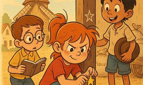 Six-year-old Mia at center, round face with freckles and bright green eyes, mischievous and focused, crouched as she gently peels a small yellow star sticker off a wooden post; six-year-old Leo on the left, short brown hair and round glasses, worried but curious, holding an open notebook and supporting Mia with his hand on her shoulder; around six-year-old Tomas on the right, tanned skin and tousled black hair, amazed smile, slightly behind admiring a small star drawn in flour on the post while holding his hat; dirt path before a large wooden windmill with slowly turning sails, stone cottages, sacks of flour and a cart in the background, warm late-afternoon light and golden dust in the rays; intimate, warm scene with pastel colors, clear contours and textured details of wood, flour and clothing.