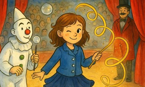 An 8-year-old girl, Mila, smiling and slightly shy, winks at the audience while wearing a small blue jacket with silver buttons, a flowing skirt and shiny shoes, holding a wand with a golden ribbon tracing loops; an adult white clown named Pio stands back left, face softly painted with comma eyebrows, holding a tiny fishing-cane and blowing a bubble as he watches kindly; the ringmaster, a mature man in a large red coat with a prominent handlebar mustache, stands by the curtain smiling; inside a large red-and-white big top with a polished wooden floor, circular stands of amazed faces, warm string lights and light glitter falling, Mila takes her final bow after a ribbon dance with a small cloud of golden dust and a sparkling bubble above her head, warm atmosphere, soft light, crisp ink lines and vivid color washes.