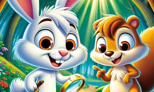 O personagem principal, Tobias, o porquinho travesso, é um coelhinho com grandes orelhas brancas e olhos brilhantes de curiosidade. Ele segura uma lupa em uma patinha e exibe um sorriso entusiasmado enquanto examina um botão misterioso e brilhante no chão. Ao seu lado, Léo, o esquilo astuto, tem pelagem marrom dourada e olhos travessos. Ele está apontando para o botão com uma patinha, mostrando uma expressão de excitação e admiração. A cena acontece em uma floresta verdejante, com árvores majestosas e folhas vibrantes, e raios de sol filtrando pelas ramas, iluminando o chão coberto de flores coloridas. Tobias e Léo estão prontos para desvendar o mistério do botão, cercados por uma atmosfera de aventura e magia.