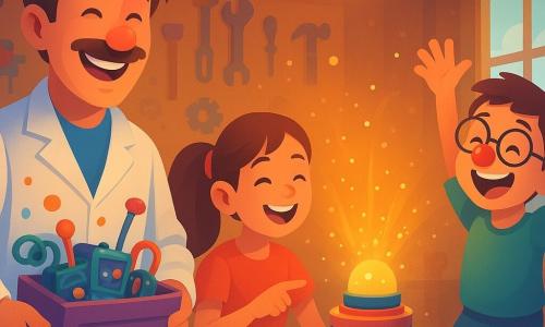 Un bărbat de aproximativ 40 de ani, Radu, cu părul ciufulit și o mustață, zâmbește radiant. Poartă un halat de lucru pătat de vopsea și ține o cutie plină de gadgeturi ciudate. Lângă el, o fată de 10 ani, Lina, cu părul brun prins în coadă de cal, râde arătând cu degetul spre o mașinărie ciudată. Un băiat de 8 ani, Dodo, cu ochelari rotunzi și un nas de clovn roșu, sare vesel lângă ei. Se află într-un atelier plin de piese de schimb, unelte suspendate și lumini colorate care clipesc. Scena principală îi arată pe Radu și copii înconjurați de lumini sclipitoare provenind de la invenția lor, un aparat care transformă râsetele în energie luminoasă. Atelierul este un spațiu cald și haotic, cu pereți de lemn și ferestre prin care intră lumina zilei.