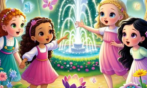 Em um jardim mágico, quatro meninas se seguram de mãos dadas, radiantes de alegria. Lúcia, uma menina de cinco anos com cabelos cacheados e castanhos e um sorriso brilhante, está à esquerda, olhando com admiração para a fonte cintilante no centro. À sua direita, Sofia, também de cinco anos, tem cabelos loiros trançados e usa um vestido rosa, com um rosto que expressa curiosidade e empolgação. Clara, outra menina de cinco anos com cabelos castanhos e olhos brilhantes, está à direita de Sofia, apontando para uma flor gigante colorida que dança ao vento. Finalmente, Mia, a mais sonhadora do grupo, com cabelos longos e negros, está um pouco atrás, com os braços abertos como se quisesse abraçar a magia do jardim. O jardim é encantador, cheio de flores multicoloridas que parecem cantar, com árvores majestosas e folhas brilhantes. No centro, uma fonte mágica jorra água luminosa, criando um arco-íris que ilumina todo o jardim. Borboletas com asas brilhantes voam ao redor das meninas, adicionando um toque de encantamento à cena. Elas acabaram de sair de um labirinto de arbustos e estão diante da fonte, prontas para fazer um desejo juntas, determinadas e alegres, desejando felicidade para todos em sua vila.