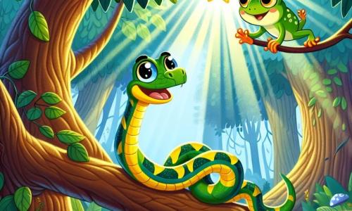 Een kleurrijke slang genaamd Sliert, met glanzende groene en gele schubben, glijdt vrolijk langs een tak van een grote boom, zijn ogen sprankelend van nieuwsgierigheid en opwinding. Naast hem springt een kleine kikker genaamd Kiki, met een stralende groene huid en grote ronde ogen, van blijdschap op een blad, kijkend naar Sliert met bewondering. De scène speelt zich af in een weelderig oerwoud, vol grote bomen met dikke stammen, felle bloemen en zonnestralen die door het dichte looffilteren, wat een magische sfeer creëert. Sliert en Kiki ontdekken samen een prachtige gouden ster die aan een tak hangt, hun pad verlicht met een sprankelende gloed, wat hun vriendschap en avontuur symboliseert.