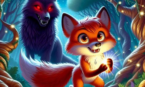 A small red fox named Finn, with a shiny coat and sparkling curious eyes, stands bravely in the center of a moonlit clearing. He has a determined expression, holding a glowing amulet in his front paws, while mysterious shadows dance around him. To his right, a large dark-furred wolf with sparkling red eyes stands in a threatening position, baring its teeth and wearing a defiant expression. It seems ready to attack, but a glimmer of hesitation shines in its eyes. The setting is an enchanted forest, with majestic trees and shimmering leaves under the moonlight. Light mists float between the trees, creating a magical yet eerie atmosphere. The main scene shows Finn, the fox, challenging the threatening wolf, ready to protect the intensely glowing magical amulet, while the invisible spirits of the forest seem to encourage his act of bravery.