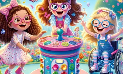 In a colorful garden, three friends are having fun together. Lily, an 8-year-old girl with curly hair and pink glasses, stands in the center, smiling as she presses a button on a funny machine. To her left, Mia, a 7-year-old girl wearing sparkling glasses and a polka dot dress, dances joyfully with her arms raised to the sky. On the right, Zoe, a 9-year-old girl in a blue wheelchair, twirls happily, her blonde hair blowing in the wind. The garden is filled with bright flowers, fluttering butterflies, and a clear blue sky. At the center, a colorful machine with shiny buttons and moving arms creates a festive atmosphere, surrounded by floating confetti. The scene captures the three friends laughing and dancing, surrounded by colorful bubbles rising in the air, embodying the spirit of joy and friendship.