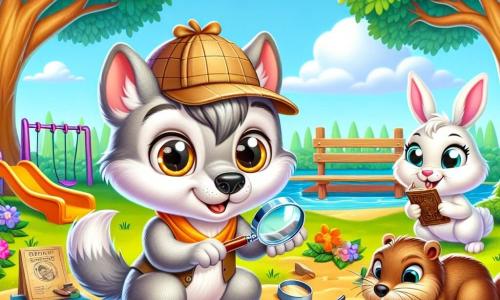 Little Wolf, a small wolf with sparkling eyes and soft gray fur, is digging in the sandbox with a determined and curious look. He wears a little paper detective hat and holds a magnifying glass in his paw. Daisy Rabbit, an adorable bunny with big ears and white fur, stands next to Little Wolf, wide-eyed in surprise, holding an old notebook in her paws. Benny Beaver, a brown beaver with prominent teeth, crouches near a tree, examining a footprint with a focused expression. The setting is a sunny park filled with tall trees with vibrant green leaves, colorful swings, and a golden sandbox. Multicolored flowers line the path, and a clear blue sky stretches above them. The main scene shows Little Wolf and his friends in the middle of an investigation, searching for clues to find a mysterious treasure, with scattered objects around them, like toys and leaves, creating an atmosphere of adventure and curiosity.