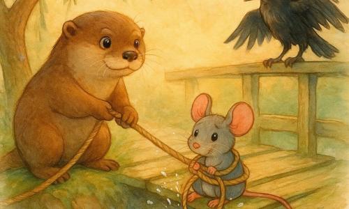 Milo, a young round otter with shiny hazel eyes, silky brown fur and wet little paws, looks focused and kind as he holds a thick coiled rope and leans back to pull, muscles visible under his fur; Pippa, a small gray mouse with big pink ears and trembling but determined eyes, sits on the bridge edge draped in pale seaweed, holding the rope loop around her, face relieved and wet; Rook, a young black crow with glossy feathers and a mischievous gaze, stands on the right railing with wings slightly open, watching and giving directions; an old wooden bridge crosses a fast stream with worn light planks, slippery green moss, a few new boards, a willow leaning left with the rope tied to its trunk and golden sunset reflections on the water; central scene: a calm, careful rescue—Milo and Rook pull while Pippa is hauled from the water, sparkling droplets around, warm intimate teamwork, watercolor textures, soft light and white highlights on splashes.